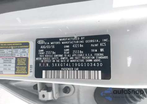 2016 Kia Optima Lx from USA, damaged, VIN 5XXGT4L19GG103430